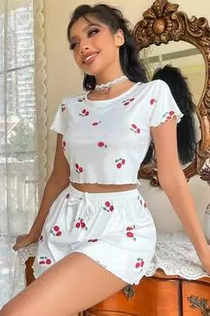 Женский модный новый пижамный комплект, вязаные мягкие шорты с короткими рукавами и вишневым принтом, пижамный комплект