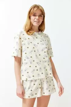 Женский модный новый пижамный комплект желто-разноцветный вязаный пижамный комплект из 100% хлопка в мелкую клетку