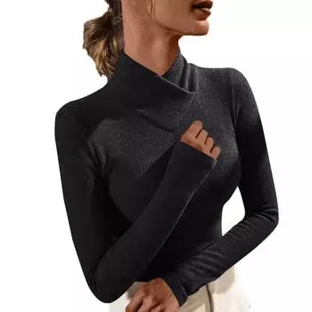 Женский модный однотонный флисовый утолщенный топ с длинными рукавами L чёрный