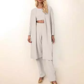 Женский модный однотонный кардиган, куртка, жилет, топ, брюки, повседневный комплект из трех предметов L бежевый