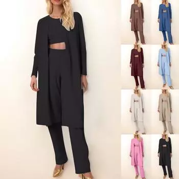 Женский модный однотонный кардиган, куртка, жилет, топ, брюки, повседневный комплект из трех предметов L бежевый