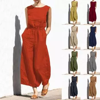 Женский модный однотонный комбинезон с круглым вырезом без рукавов, повседневный свободный комбинезон с карманами XXXL