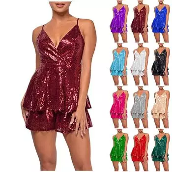 Женский модный однотонный комбинезон с V-образным вырезом, без рукавов, с открытой спиной, с пайетками, на подтяжках L чёрный