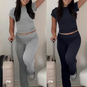 Женский модный однотонный комплект с круглым вырезом и короткими рукавами, широкие брюки L