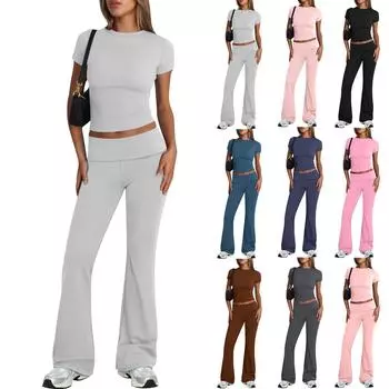 Женский модный однотонный комплект с круглым вырезом и короткими рукавами, широкие брюки XL чёрный