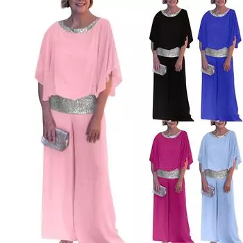 Женский модный однотонный комплект с круглым вырезом и блестками в стиле пэчворк, топ с короткими рукавами и широкие брюки S чёрный