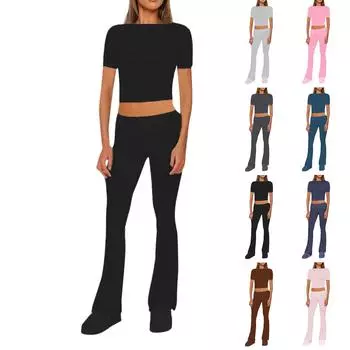 Женский модный однотонный комплект с круглым вырезом и короткими рукавами, широкие брюки L чёрный