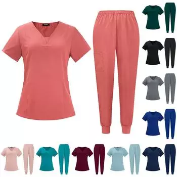 Женский модный однотонный короткий рукав V-образный вырез узор топы карман рабочий комплект L чёрный