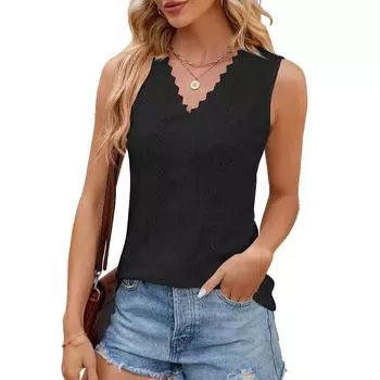 Женский модный однотонный кружевной лоскутный жилет без рукавов с v-образным вырезом и топом L чёрный