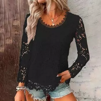 Женский модный однотонный кружевной топ с квадратным вырезом и кружевными длинными рукавами L чёрный