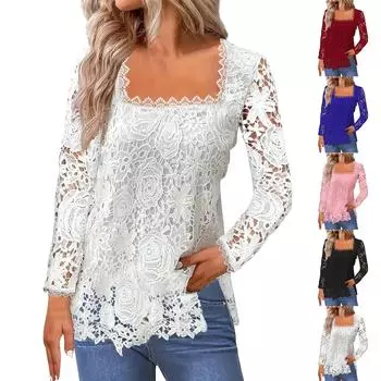 Женский модный однотонный кружевной топ с квадратным вырезом и кружевными длинными рукавами L чёрный