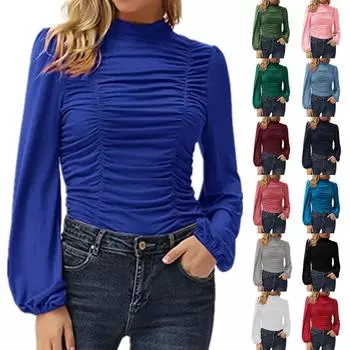 Женский модный однотонный плиссированный тонкий топ с длинными рукавами и высоким воротом S чёрный