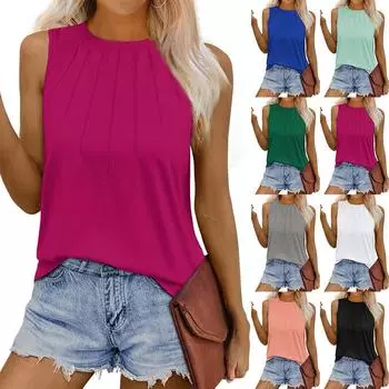 Женский модный однотонный плиссированный жилет без рукавов с круглым вырезом L чёрный