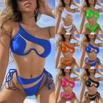 Женский модный однотонный пляжный купальник с разрезом в сетку (2 комплекта с накладками на грудь без стального бюстгальтера) L чёрный