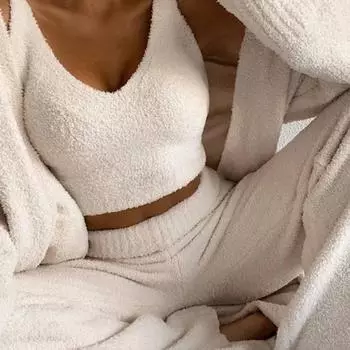 Женский модный однотонный плюшевый свитер с v-образным вырезом, вязаный жилет, укороченный топ и длинные брюки, костюм из двух частей S белый