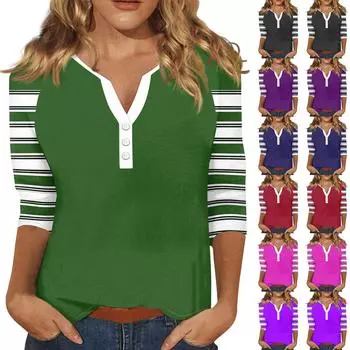 Женский модный однотонный полосатый топ с v-образным вырезом и рукавами реглан на пуговицах и рукавами 3/4 L тёмно-синий