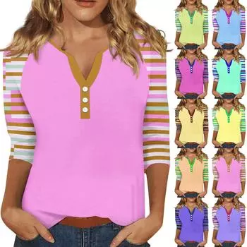Женский модный однотонный полосатый топ с v-образным вырезом и рукавами реглан на пуговицах и рукавами 3/4 S розовый