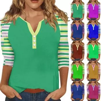 Женский модный однотонный полосатый топ с v-образным вырезом и рукавами реглан на пуговицах и рукавами 3/4 XL синий