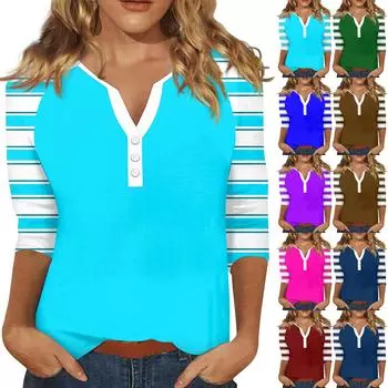 Женский модный однотонный полосатый топ с v-образным вырезом и рукавами реглан на пуговицах и рукавами 3/4 S синий