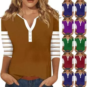 Женский модный однотонный полосатый топ с v-образным вырезом и рукавами реглан на пуговицах и рукавами 3/4 L фиолетовый