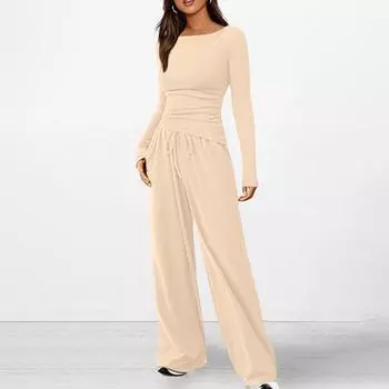 Женский модный однотонный повседневный комплект из двух предметов с длинным рукавом и широкими брюками L бежевый