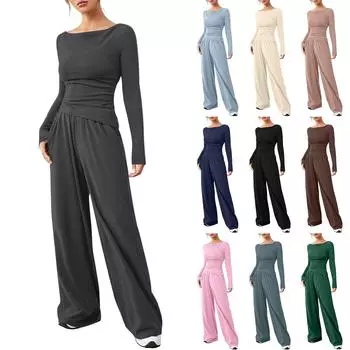 Женский модный однотонный повседневный комплект из двух предметов с длинным рукавом и широкими брюками XL бежевый