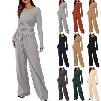 Женский модный однотонный повседневный комплект из двух предметов с длинным рукавом и широкими брюками XS красный