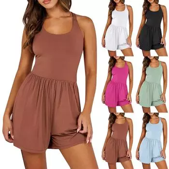 Женский модный однотонный повседневный спортивный короткий комбинезон без рукавов с перекрестной спиной, одежда для отдыха и курорта L чёрный