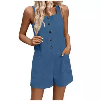 Женский модный однотонный повседневный свободный комбинезон без рукавов с карманами L тёмно-синий