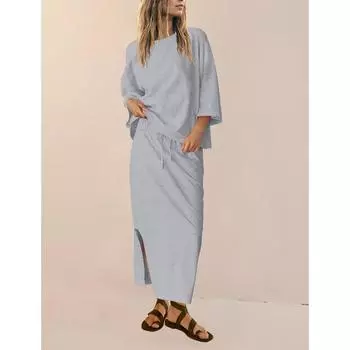 Женский модный однотонный повседневный топ и юбка макси L светло-серый