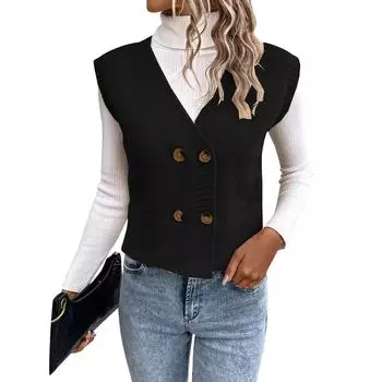 Женский модный однотонный повседневный трикотажный пуловер без рукавов свитер жилет L чёрный