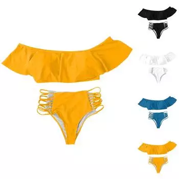 Женский модный однотонный раздельный купальник с открытыми плечами и оборками, комплект из 2 частей, пляжный купальник-бикини L чёрный