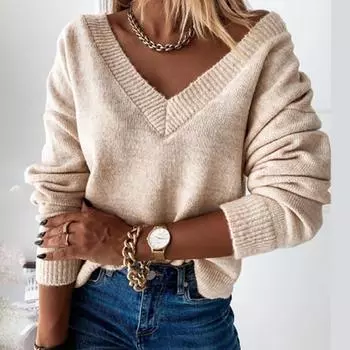 Женский модный однотонный свитер с длинным рукавом и v-образным вырезом из овечьего флиса, свободный вязаный пуловер, топ XL