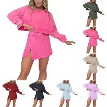 Женский модный однотонный свитер с капюшоном и длинными рукавами, топ и юбка с высокой талией, комплект из 2 предметов M