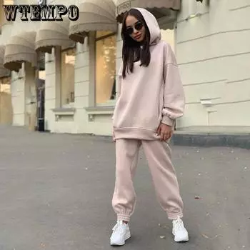 Женский модный однотонный свитер с капюшоном, повседневный непринужденный спортивный свитер с капюшоном, комплект из двух предметов, спортивная одежда S розовый