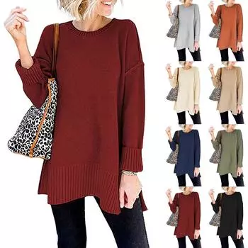 Женский модный однотонный свитер с круглым вырезом и длинным рукавом, пуловер, топ XXL темно-синий