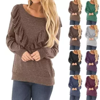 Женский модный однотонный свитер с круглым вырезом и оборками, длинный рукав, повседневный топ S