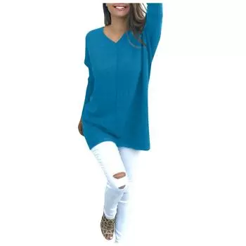 Женский модный однотонный свитер с v-образным вырезом и длинными рукавами, пуловер, свитер S синий