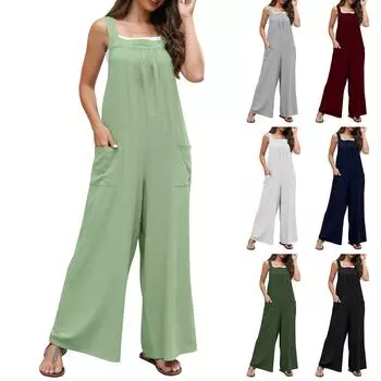 Женский модный однотонный свободный карманный повседневный длинный комбинезон с широкими плечевыми ремнями