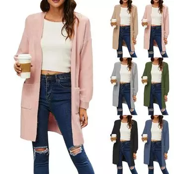 Женский модный однотонный свободный повседневный вязаный кардиган с карманом L армия зеленый