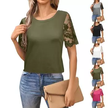 Женский модный однотонный свободный сетчатый топ с короткими рукавами и круглым вырезом L