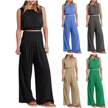 Женский модный однотонный топ без рукавов с высокой талией и широкими брюками, комплект XL оранжевый