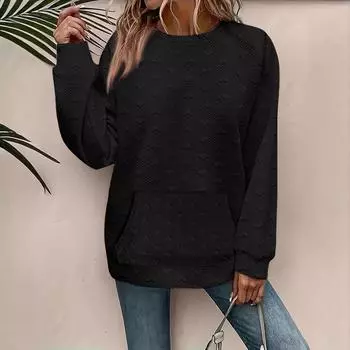 Женский модный однотонный топ с длинным рукавом L чёрный