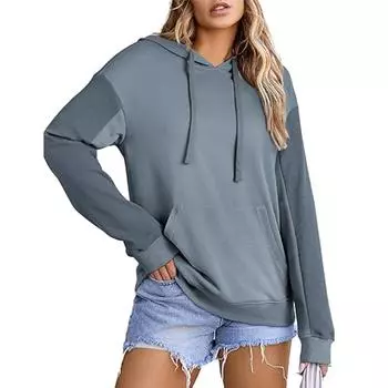 Женский модный однотонный топ с длинным рукавом L синий