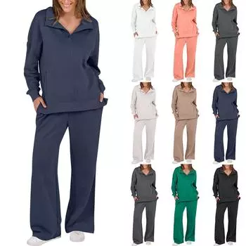 Женский модный однотонный топ с длинным рукавом и брюки, повседневный комплект из двух предметов для отдыха XXL чёрный