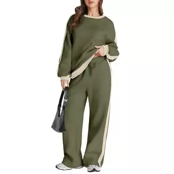 Женский модный однотонный топ с длинными рукавами и круглым вырезом, повседневный комплект из двух предметов L армия зеленый