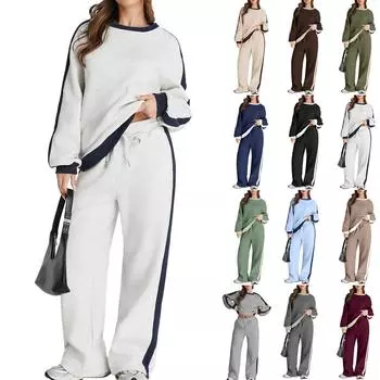 Женский модный однотонный топ с длинными рукавами и круглым вырезом, повседневный комплект из двух предметов L армия зеленый