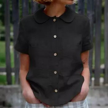 Женский модный однотонный топ с короткими рукавами и круглым вырезом на пуговицах L чёрный