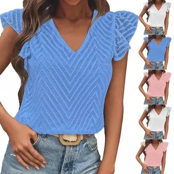 Женский модный однотонный топ с v-образным вырезом и рюшами на рукавах, свежий сладкий топ L синий