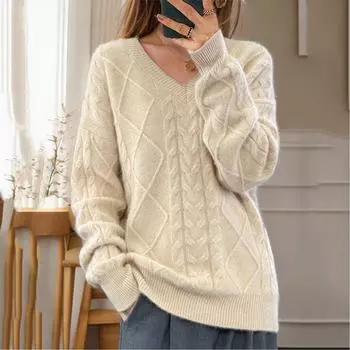 Женский модный однотонный трикотажный свитер с V-образным вырезом, повседневный свитер L бежевый